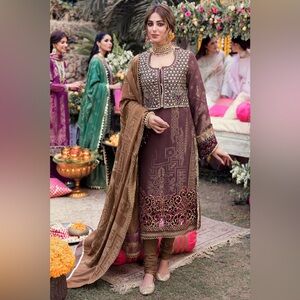 Ornate Brown Embroidered Dress with Shawl